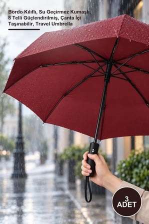 Kompakt Otomatik Şemsiye 3 Adet Bordo Kılıflı Su Geçirmez 8 Telli