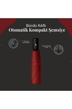 Kompakt Otomatik Şemsiye 3 Adet Bordo Kılıflı Su Geçirmez 8 Telli
