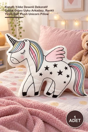 Kanatlı Yıldız Desenli Yumuşak Peluş Unicorn Yastık