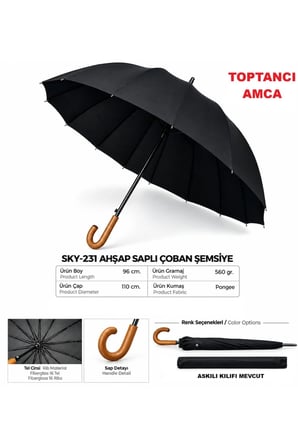 16 Telli Ahşap Saplı Kılıflı Çoban Şemsiye 110 cm Siyah