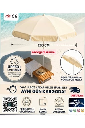 Krem Plaj Kamp Şemsiyesi 2 Metre 10 Telli Çanta Kazık