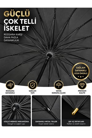 24 Telli Premium Baston Şemsiye Güçlendirilmiş İskelet Siyah Kavisli Saplı