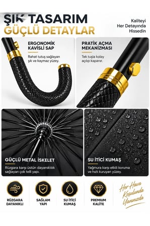 24 Telli Premium Baston Şemsiye Güçlendirilmiş İskelet Siyah Kavisli Saplı