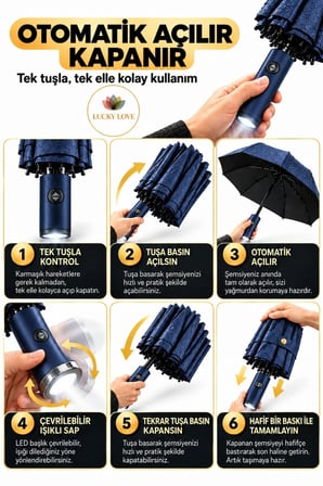 10 Telli Otomatik Şemsiye LED Işıklı UV Korumalı Su Geçirmez