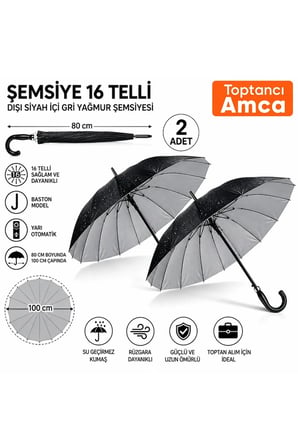 2 Adet Şemsiye İçi Gri Baston Şemsiye Unisex Yağmur Şemsiyesi