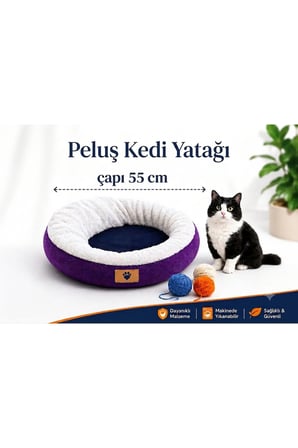 Yumuşak Peluş Kedi Yatağı, 55 cm, Papyon Hediye ile Konfor Sağlar