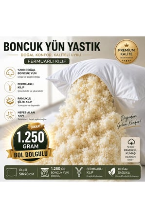 Boncuk Yün Yastık 1.250 Gr 50x70 cm Fermuarlı Pamuklu Kılıf