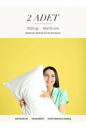2 Adet 1000 gr Boncuk Silikon Elyaf Dolgulu Yastık 50x70 cm Antialerjik Yık