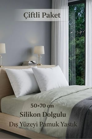 Slikon Dolgulu Pamuklu Yumuşak Dokulu 2 Adet 50 x 70 cm Yastık