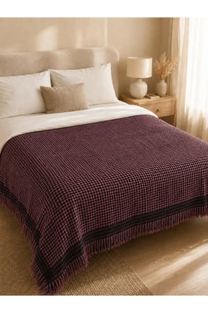 Bordo Siyah Desenli Çift Kişilik Pike 180x220 cm Püsküllü