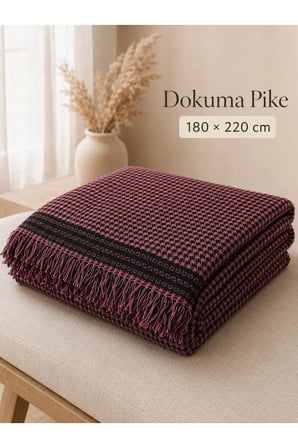 Bordo Siyah Desenli Çift Kişilik Pike 180x220 cm Püsküllü