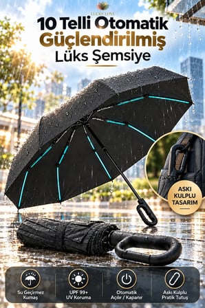 10 Telli Güçlendirilmiş Otomatik Şemsiye Rüzgara Dayanıklı Su Geçirmez UV K