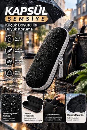 Katlanabilir Kompakt Kapsül Şemsiye Siyah
