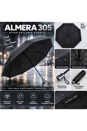 Almera 305 Siyah Katlanır Şemsiye Kompakt Hafif