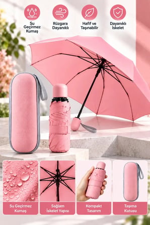 Pembe Kapsül Şemsiye Kompakt Koruyucu Kılıf Pratik Kullanım