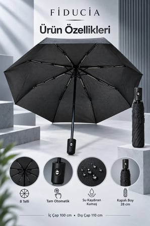 Tam Otomatik Şemsiye 8 Telli Çanta Boy 28 cm Siyah