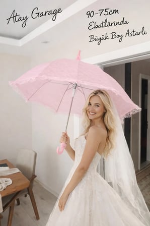 Büyük Boy Astarlı Pembe Şemsiye 90-75CM