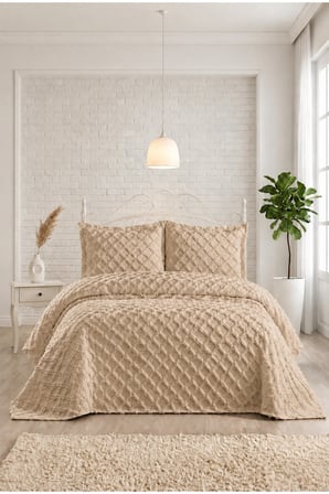 Bej Çift Kişilik Bohem Pike Takımı 240x250 Yatak Örtüsü Seti