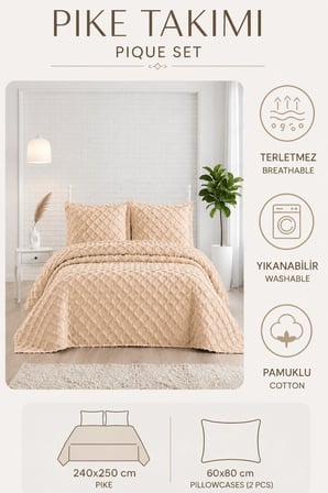 Bej Çift Kişilik Bohem Pike Takımı 240x250 Yatak Örtüsü Seti