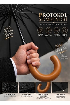 24 Telli Siyah Protokol Şemsiyesi - Ahşap saplı fiber gövde rüzgarda dönmez