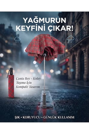 Kırmızı Etekli Karo Desenli Otomatik Açılır Kapanır Cep Şemsiyesi