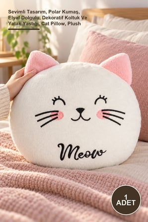 Sevimli Tasarım Peluş Kedi Yastık, Polar Kumaş, Elyaf Dolgulu, Dekoratif