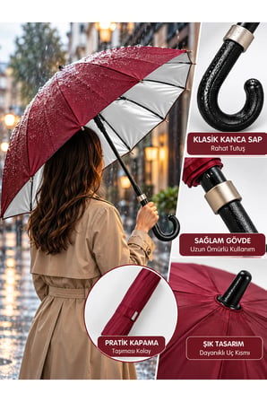 Bordo 16 Telli Baston Büyük Boy Yeşil Dış Gümüş İç Yüzeyli Şemsiye