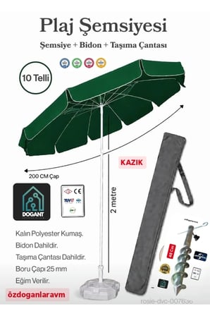 Plaj Bahçe Balkon 200 Cm 10 Telli Şemsiye Çantası Kazık Bidon