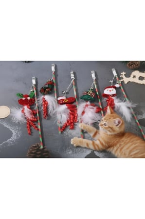 Yılbaşı Temalı Renkli Zilli Kedi Oyun Oltası Eğlenceli Pet Oyuncağı