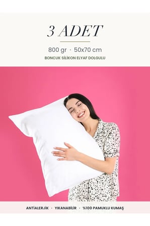 3 Adet 800 gr Boncuk Silikon Elyaf Dolgulu Yastık 50x70 cm Antialerjik Yıka