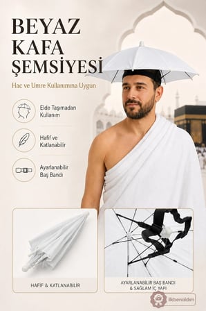 Hac ve Umre İçin Kafaya Takılan Beyaz Şapka Şemsiye
