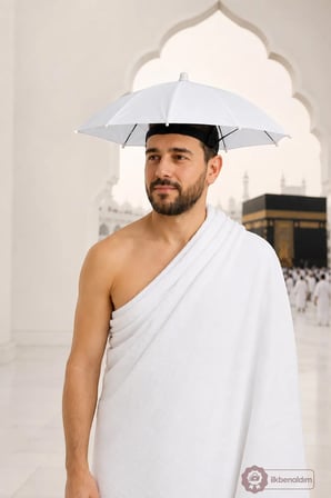 Hac ve Umre İçin Kafaya Takılan Beyaz Şapka Şemsiye