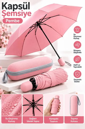 Pembe Kapsül Tasarımlı Kompakt Şemsiye Koruyucu Kılıflı Pratik