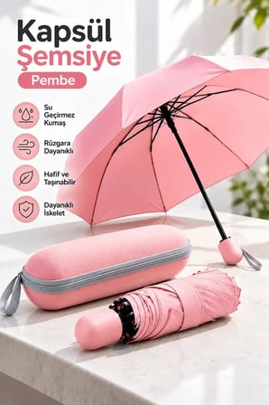 Pembe Kapsül Tasarımlı Kompakt Şemsiye Koruyucu Kılıflı Pratik