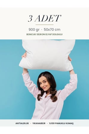 3 Adet 900 gr Boncuk Silikon Elyaf Dolgulu Yastık 50x70 cm Antialerjik Yıka