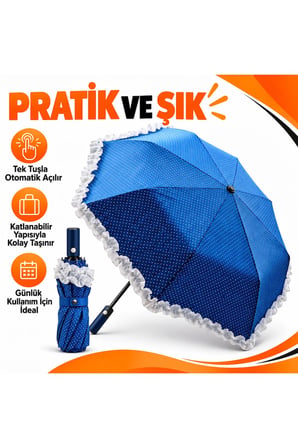 Otomatik Katlanabilir Şemsiye 8 Telli Desenli Pongee Kumaş Fırfırlı