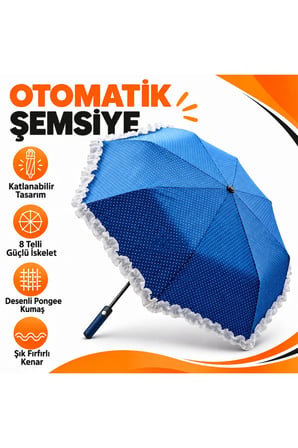 Otomatik Katlanabilir Şemsiye 8 Telli Desenli Pongee Kumaş Fırfırlı