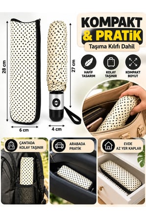 Bej Puantiyeli Tam Otomatik Katlanabilir Şemsiye