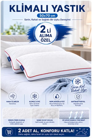 2 Adet Klimalı Serin Tutan Rahat Uyku Yastığı 50x70