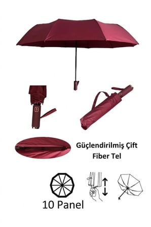 Bordo Tam Otomatik Rüzgarda Kırılmayan Güçlü Dayanıklı Şemsiye