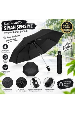 Katlanabilir Siyah Şemsiye 8 Telli Unisex