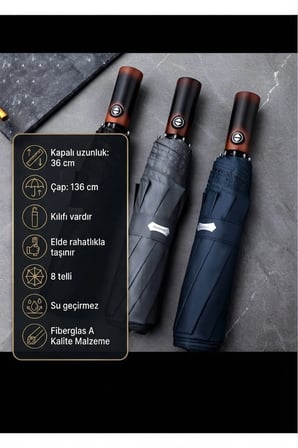 8 Telli Otomatik Fiberclass Şemsiye Fermuarlı Kılıf Unisex