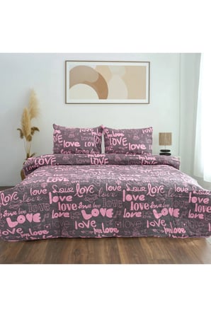 Love Desenli Çift Kişilik Yatak Örtüsü & Pike Seti 4 Yastık Kılıflı