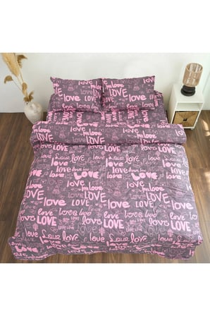 Love Desenli Çift Kişilik Yatak Örtüsü & Pike Seti 4 Yastık Kılıflı
