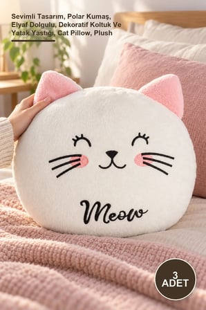 Sevimli Tasarım Peluş Kedi Yastık, Polar Kumaş, Elyaf Dolgulu