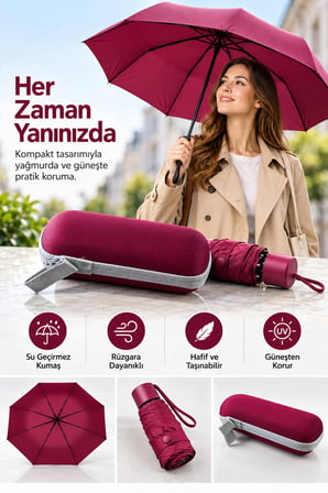 Hafif Bordo Kapsül Şemsiye Pratik Taşınabilir Tasarım