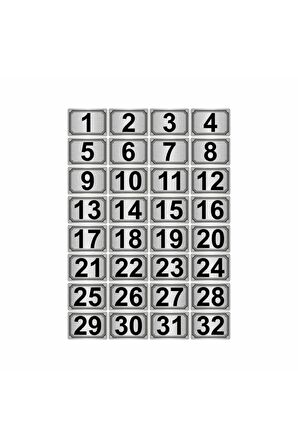 10x15cm Metal Yapışkanlı Numara (1..32) 32 Adet Gümüş Renk Metal