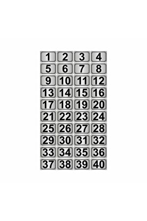 3,5x5cm Metal Yapışkanlı Numara (1..40) 40 Adet Gümüş Renk Metal
