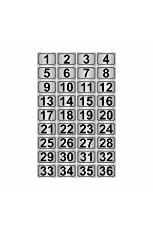 5x7cm Metal Yapışkanlı Numara (1..36) 36 Adet Gümüş Renk Metal