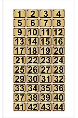 Metal Kapı,masa,dolap Numarası 10cmx15cm 44 Adet Dikdörtgen (1…44) Altın Renk Metal